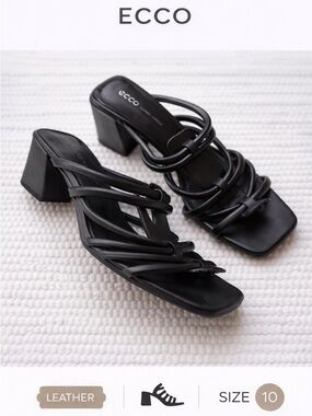 ECCO Black Leather Strappy Block Heel Sandals Minimal Square Toe